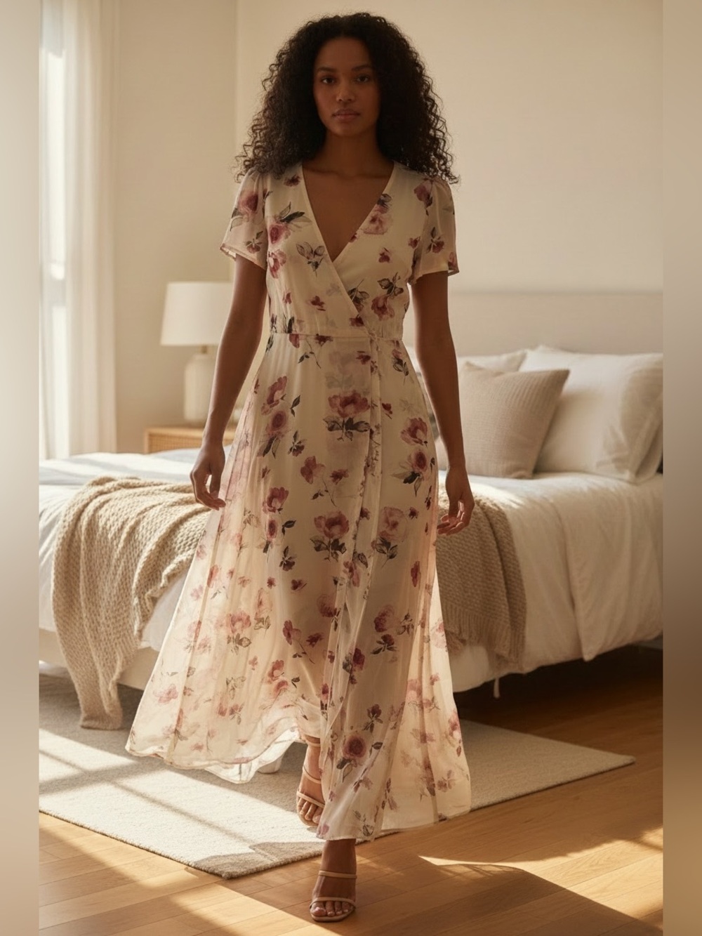 Lulu's Cream Floral Wrap Maxi Dress with Pink Blooms